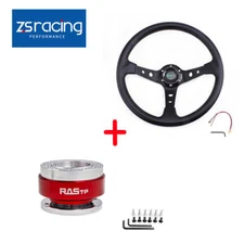 345mm Deep Dished Red Racing Steering Wheel+Ball Quick Release Adapter Kit