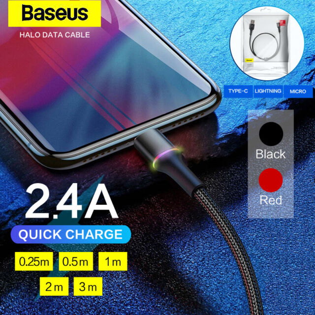 Genuine Baseus Halo Data Sync Cable LED Fast Charging USB Lightning Type-C Micro