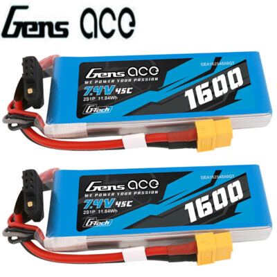 2X Gens Ace G-Tech 1600mAh 7.4V 45C 2S Lipo Akku XT60 Stecker Für RC Model Car
