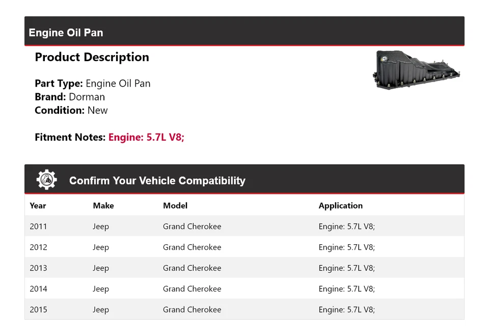 Para Jeep Grand Cherokee 2011-2015 5,7 L V8 Dorman motor cárter de aceite 2012 2013 2014 Foto 2 de 4