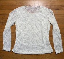 Vintage 90s Y2K Sheer Lace Long Sleeve Top White Floral M Fairy Goth Glam Grunge