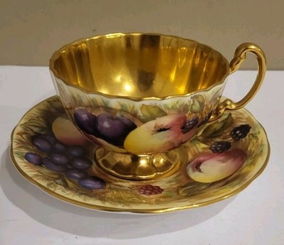 Aynsley Orchard Fruit Gold Tea Cup & Saucer Bone China England Dual Signed 