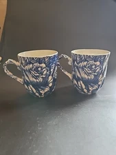 Pair of Two Bermuda Blue Mugs by Churchill Blue & White Pottery Ceramic Rose Tea