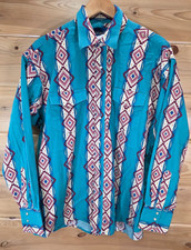 Vintage Wrangler Western Aztec Pearl Snap Shirt Long Sleeve Men XL Blue