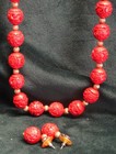 VINTAGE Genuine Cinnabar Red Hand-Carved Beads 33" Necklace & Earrings Set China — photo 2
