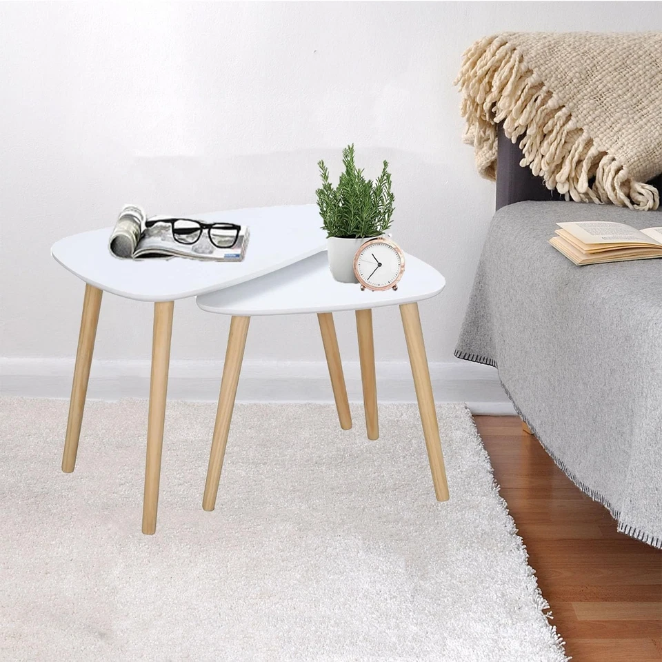 Nesting Coffee Tables White Set of 2 Modern Triangle Side Table Pine Legs - Image 3 of 4
