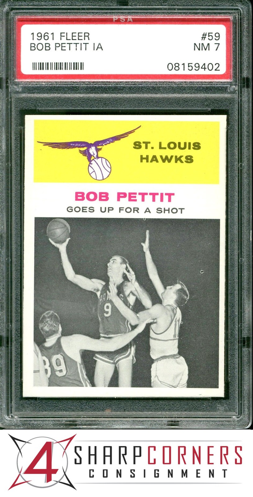 1961 FLEER IN ACTION #59 BOB PETTIT HAWKS HOF PSA 7