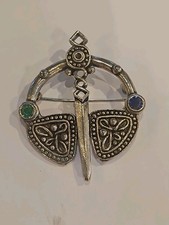 Vintage Celtic Scottish Sword Kilt Silvertone with Rhinestones 2 1/8" Pin Brooch