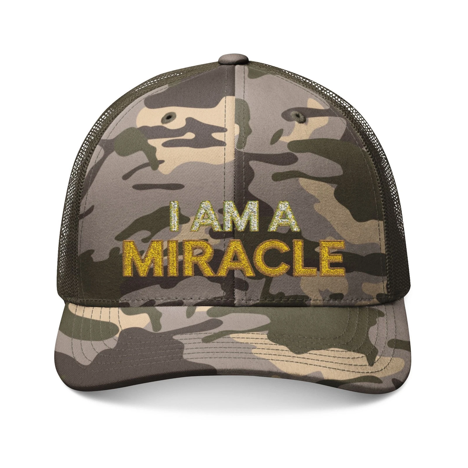 I AM A MIRACLE Camouflage Trucker Hat | Embroidered Statement Cap