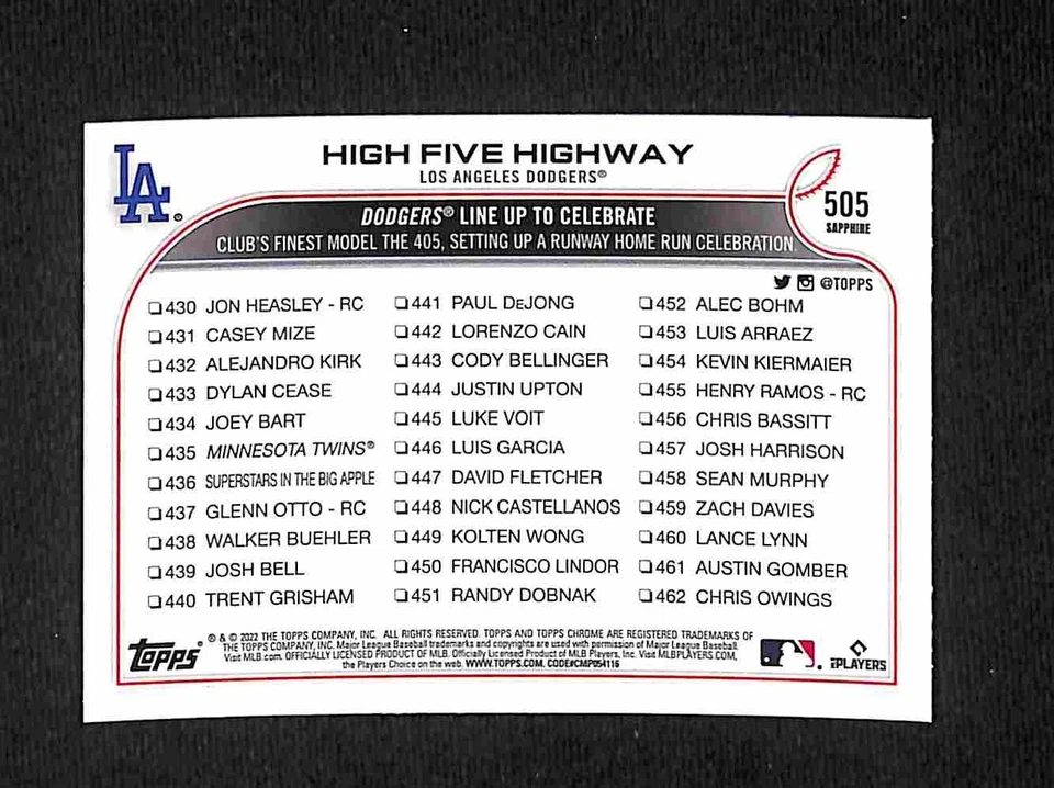 2022 Topps Chrome Sapphire Edition - Checklist High Five Highway #505 Dodgers - Image 2 of 2