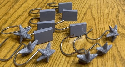 12 Lavender Resin Shower Curtain Hooks 6 Star Fish 6 Rectangle Silver Tone Hooks