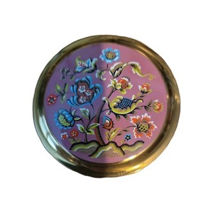 Vintage Compact Powder Case 3"  Enamel Flowered Design Brass Material 