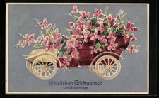 Embossed postcard, birthday greeting, car with floral decorations, 1908