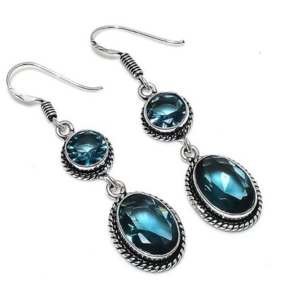 London Blautopas Edelstein handgefertigt 925 Sterlingsilber Schmuck Ohrring G...