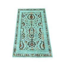 2'7"x4'2" Green Afghan Sultani with All Over Design Hand Knotted Wool Mat Rug