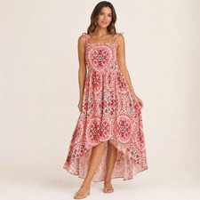 Torrid Red Medallion Paisley Smocked High Low Midi Dress Plus Size 0 L XL Boho