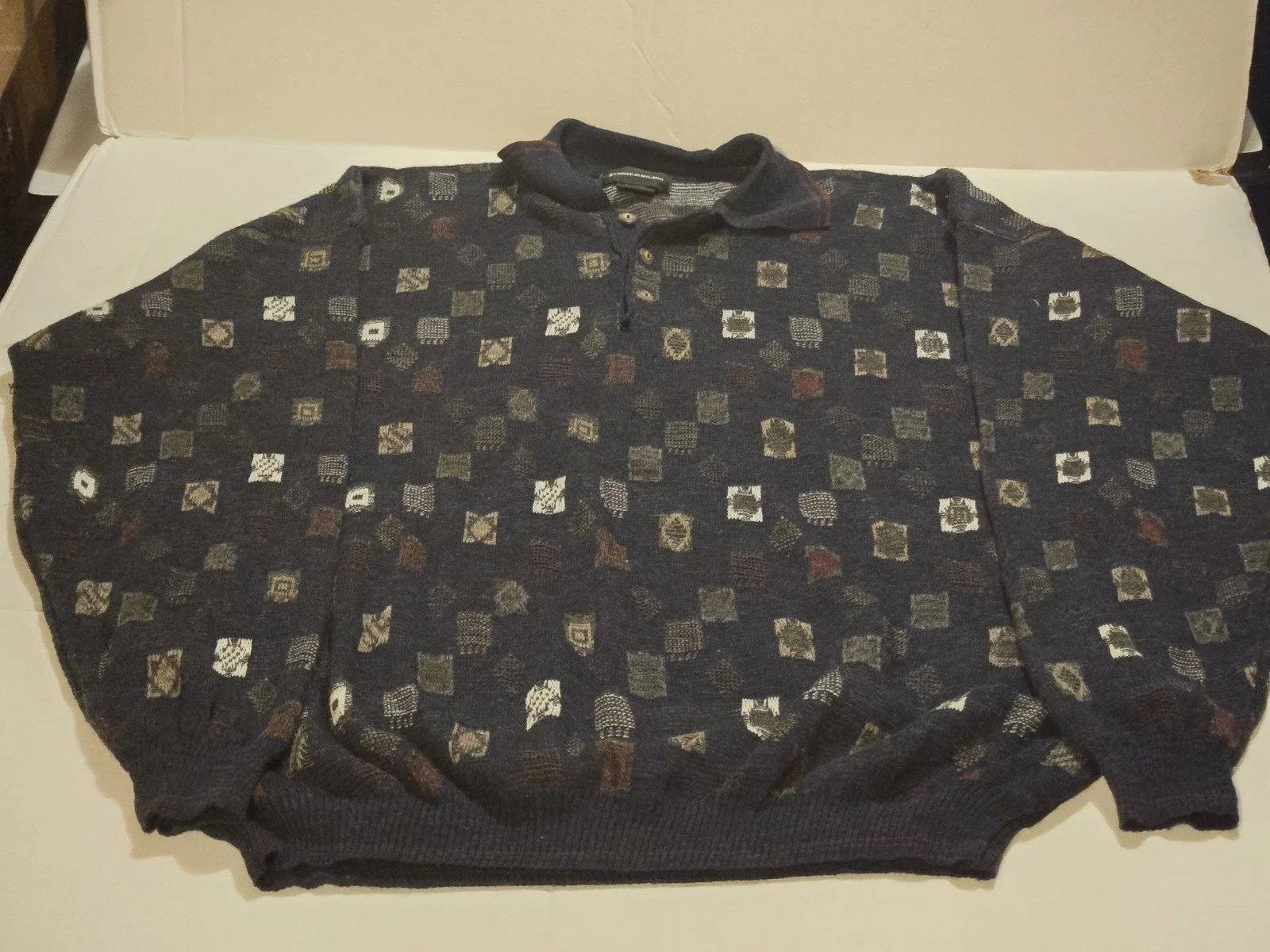 Vintage Wool Blend Geometric Square Print Collared Sweater Sz XL Conte Di Milano