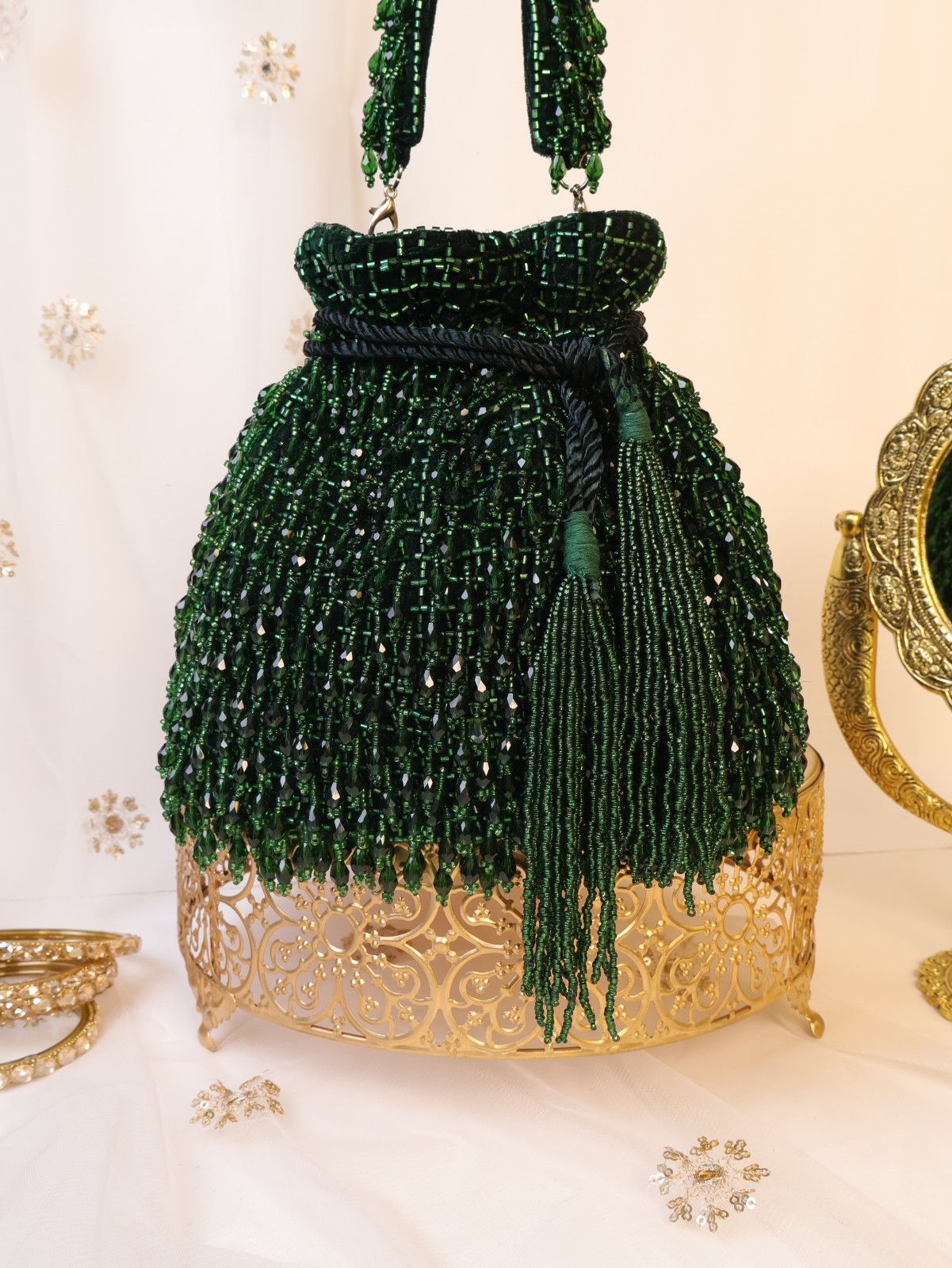 Green Crystal Potli Bag with Long Tassels Emerald Green Pouch Bag Purse