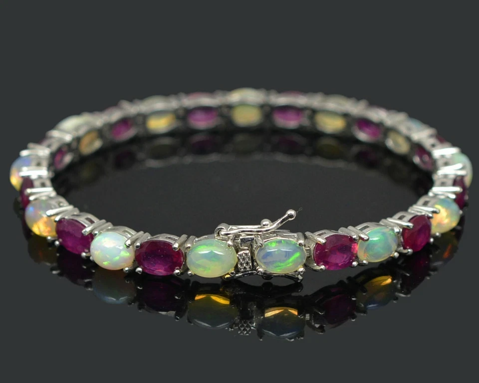 Brazalete de tenis de plata de ley 925 con piedras preciosas de ópalo y rubí etíope natural Foto 2 de 4