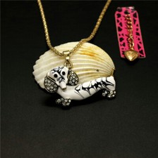New Enamel White Dachshund Puppy Crystal Fashion Women Pendant Sweater Necklace