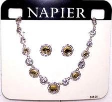 New NAPIER Silver NECKLACE & EARRINGS w/Yellow Faceted, Crystal Rhinestones sets