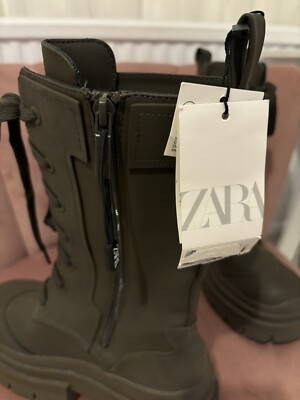Zara Chunky Sole UK5 EU38 Side Zip Rubberized Combat Boots Khaki
