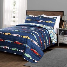 Quilt Set Twin Blue Red Yellow Race Car Print Reversible Boy Girl Bedding Cover
