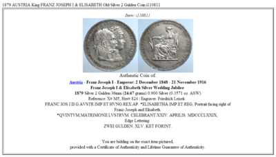 1879 AUSTRIA King FRANZ JOSEPH I & ELISABETH Old Silver 2 Gulden