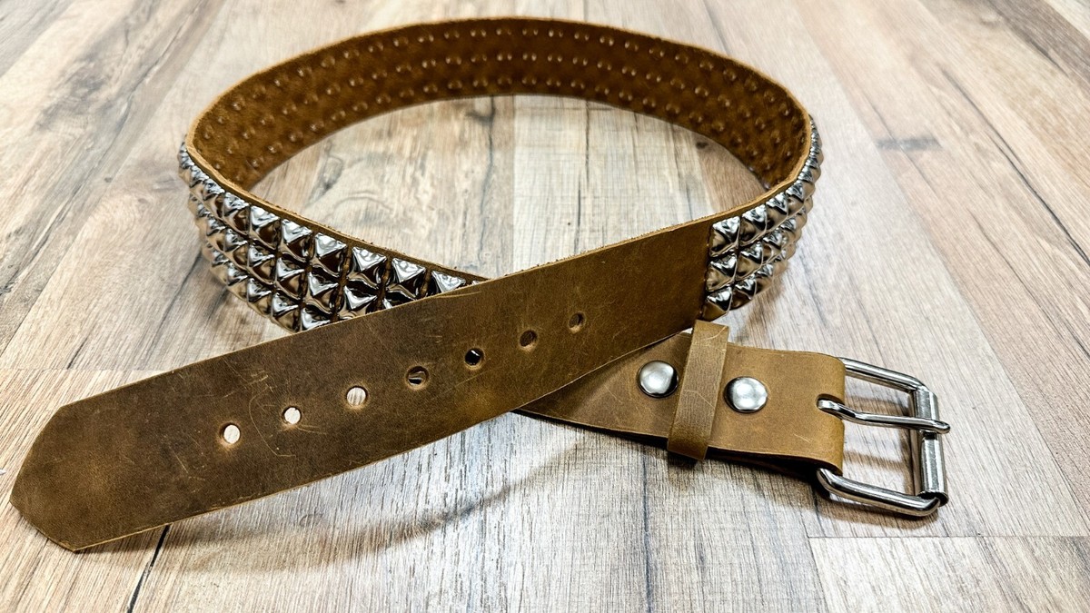 Ladies Vtg Leather Waist Belt 3 Ring Buckle Studded Brown Snap Over S-M 1 1/2 main image 3