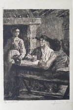 Signed Engraving Tavern Scene Antique Print Artist Proof