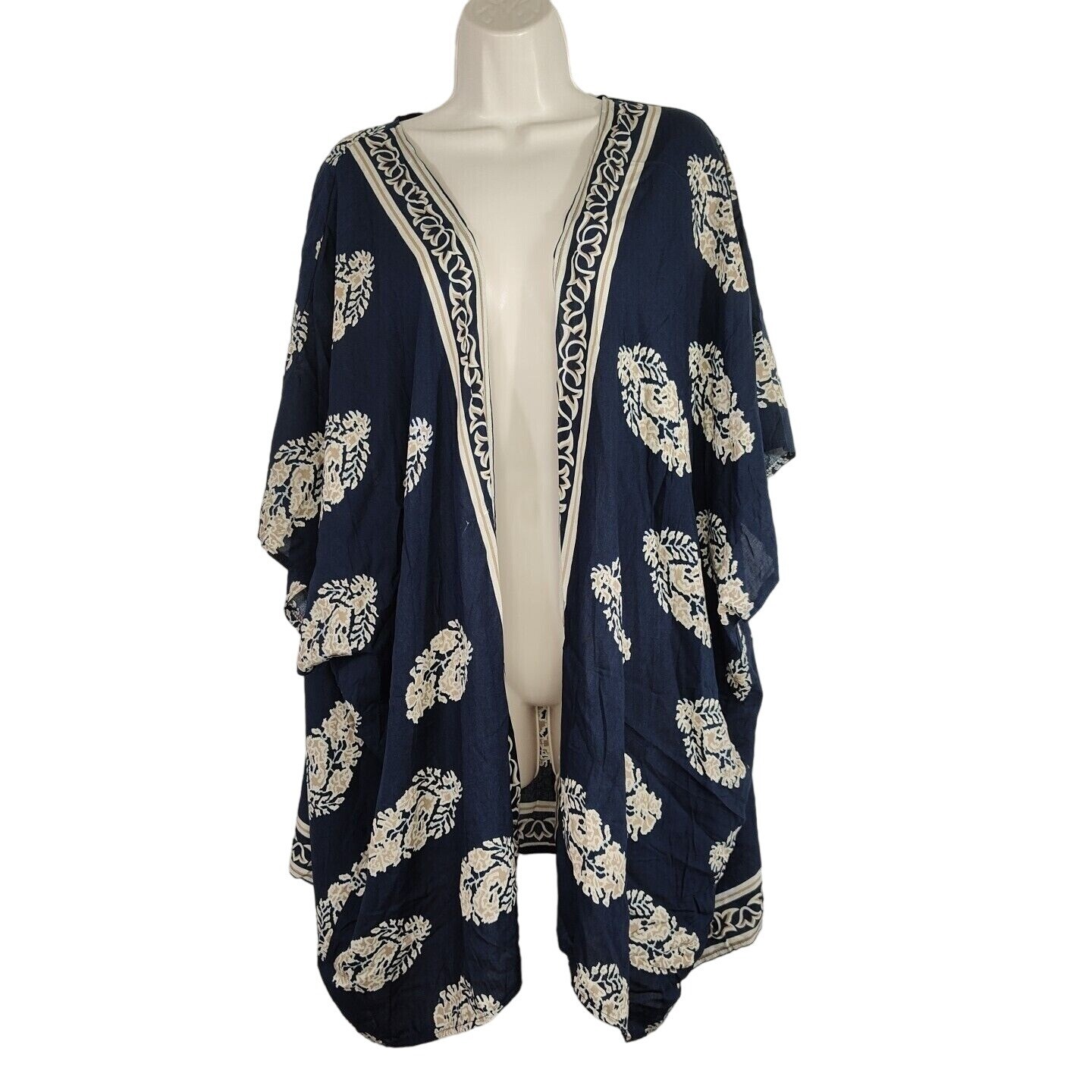 Giacca kimono copricostume hipster fila blu marrone aperto davanti donna taglia XL difetto