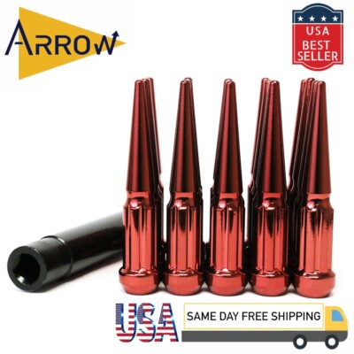 32x 4.5'' Red 9/16-18 Spline Extra Safety Spike Lug Nuts &Key Fit Chevy Models