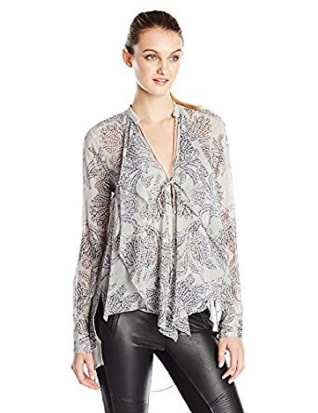 BCBG Joel Glacier Combo JOEL Printed Silk Ruffle Top Medium $298 Sold Out !! New image 2