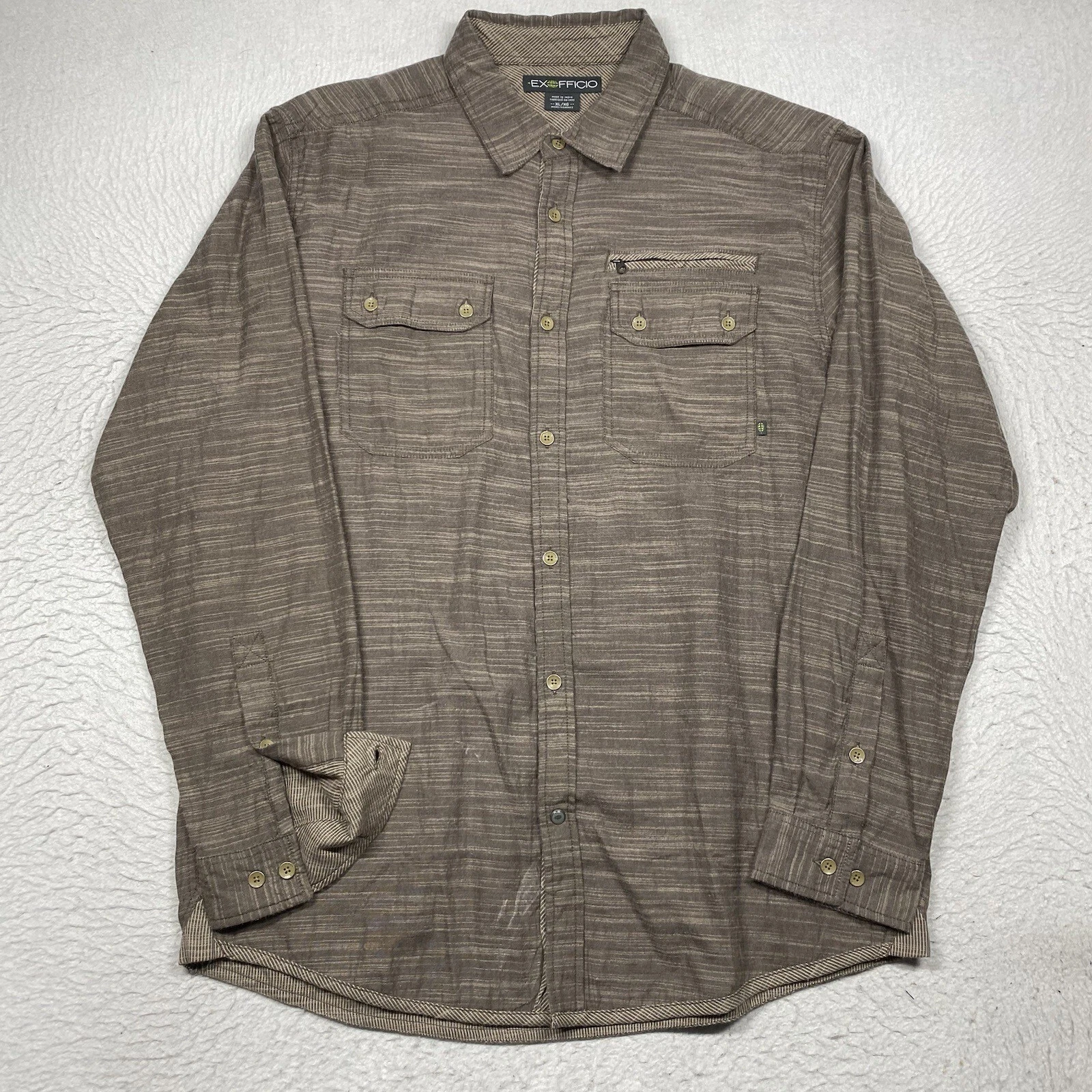 ExOfficio Shirt Mens XL Brown Striped Button Up Long Sleeve Outdoor