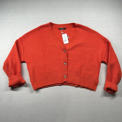 Lillusory Sweater Womens XL Cardigan Chunky Cropped V Neck Preppy Orange Stretch