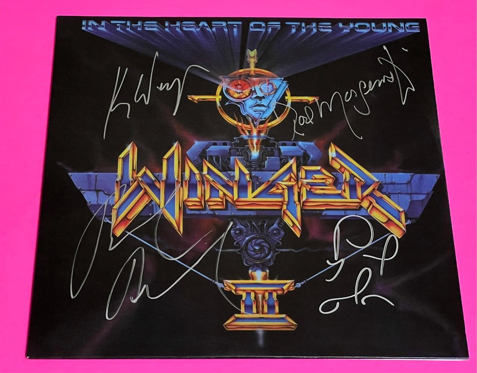 WINGER SIGNED IN THE HEART OF THE YOUNG COLORED VINYL LP *EXACT PROOF