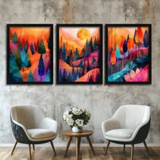 Enchanted Forest Wall Art Set Of 3 Prints Colourful Woodland Landscape Tree Art