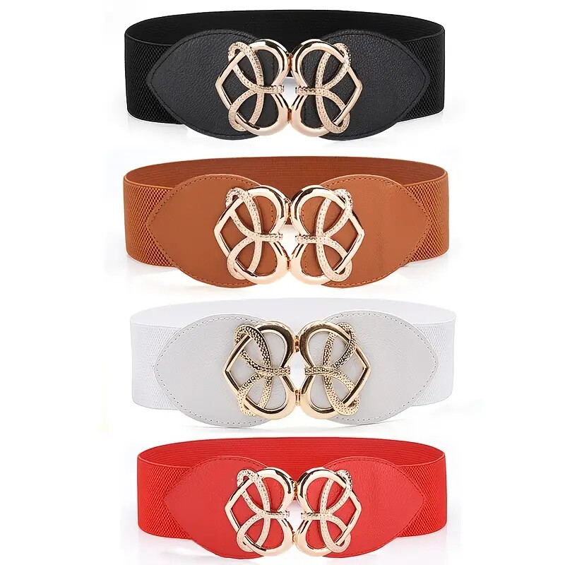 Womens Wide Elastic Stretch Waistband Gold Heart Buckle  display picture 1