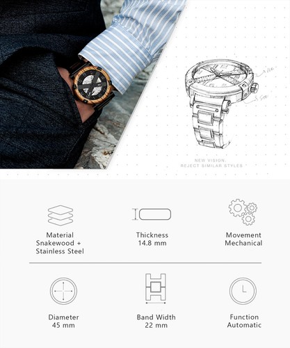 X-Series Premium Edelholz Uhr Automatik Herren Skelettuhr Mechanische Armbanduhr - Bild 8 von 13