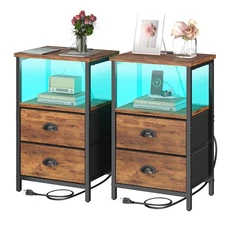 Sthmec Rustic Brown Industrial Nightstand Set of 2, Bedside Table with 2 Fabr...