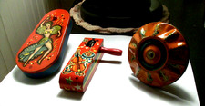 Lot 3 vintage tin metal noise makers T. Cohn New York wood handles clown dancers