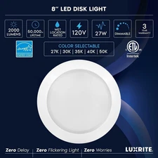 Luxrite 8 In. LED Disk LR23865 5CCT 2700K-5000K 2000LM J-Box / 6" Can Free Ship