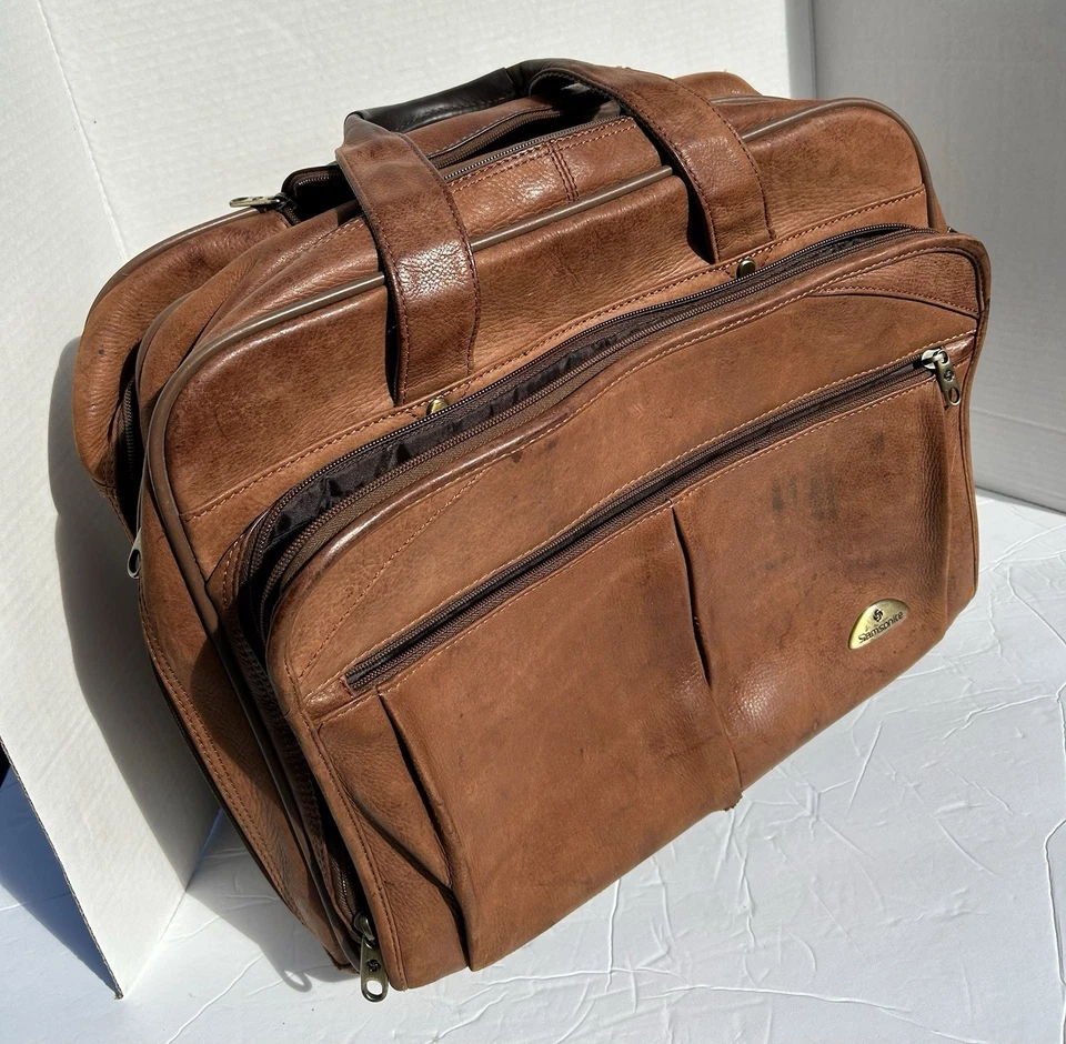 SAMSONITE CUERO Coñac Tostado Bolso con Ruedas Maletín Viaje Laptop Equipaje de Mano Foto 2 de 4
