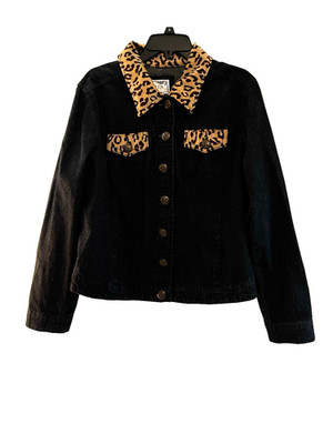 Tria Jacket Women Dark Denim Jacket Leopard Collar/Trim L/S Size L