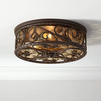 Rustic 15'' Outdoor Ceiling Light Fixture - Dark Walnut & Water Glass
