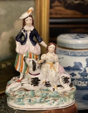 Stunning Large Rare 19C English Staffordshire Girls Spaniel Dog Group Figure 10”