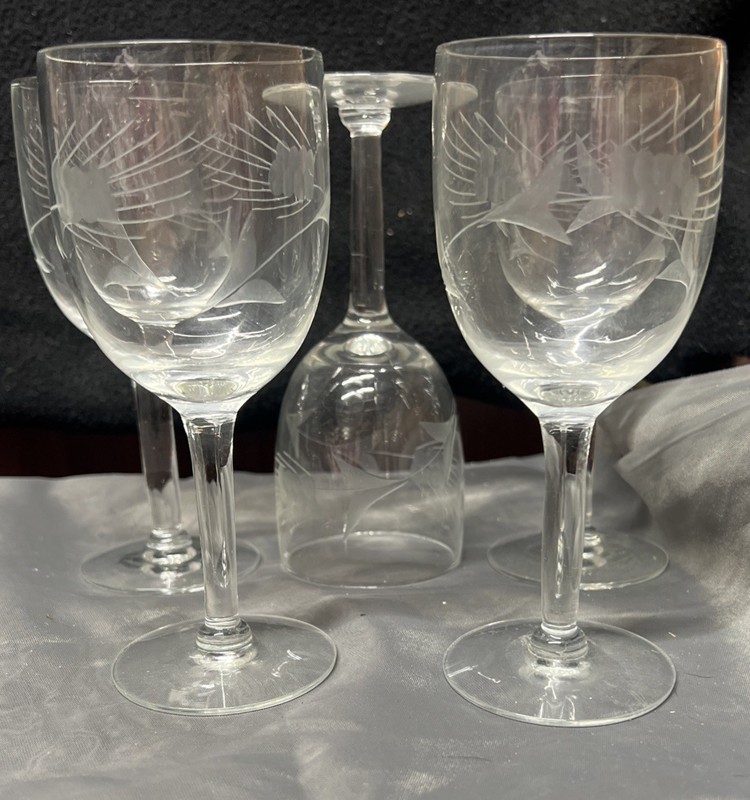 Vintage JAVIT CRYSTAL Set of 5 WHEAT Pattern Stemware Goblet Glasses