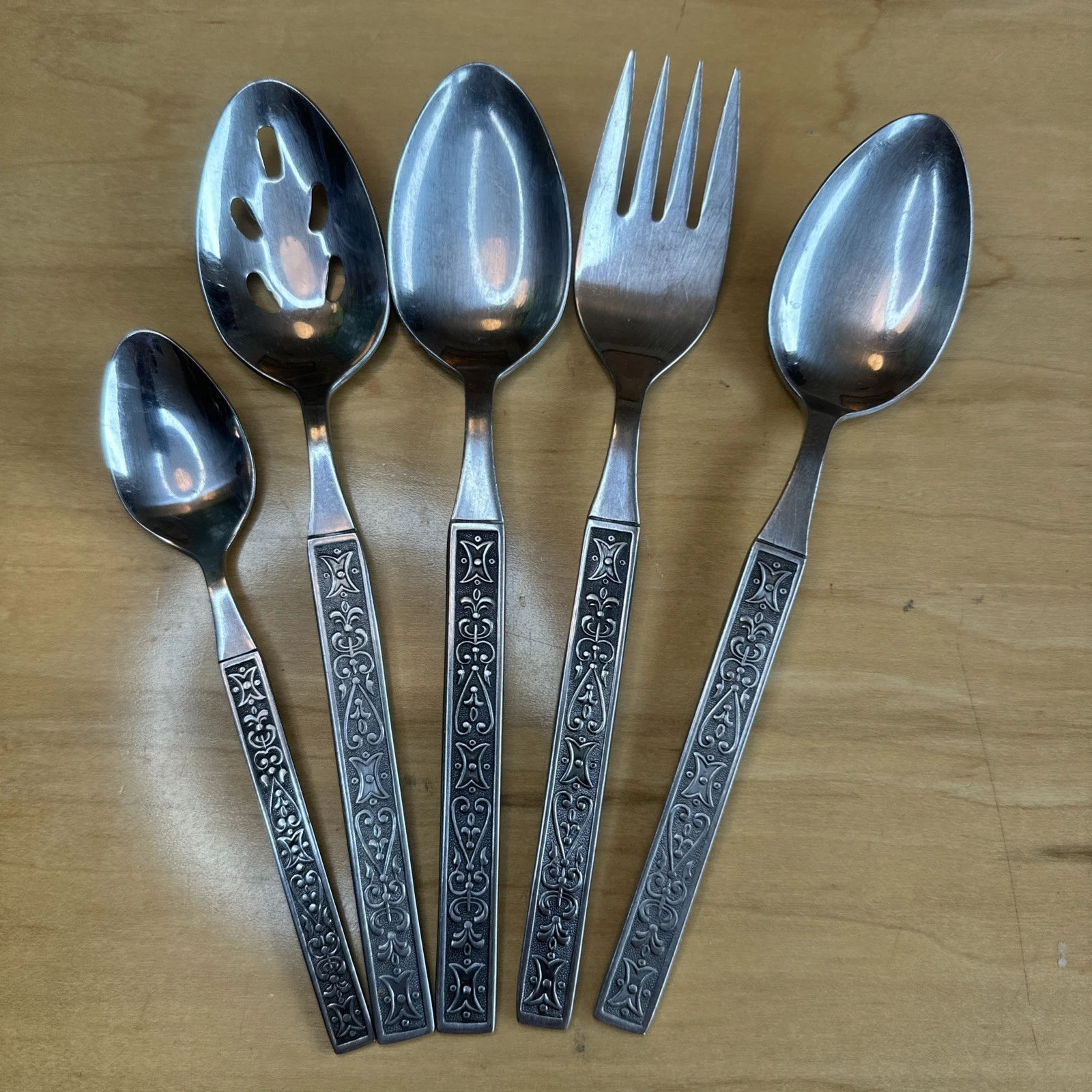 Vtg MCM Orleans Silver Stainless Korea Pattern ORL 59 Serving Set And Teaspoon