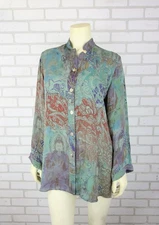 Citron Santa Monica Silk Tunic Top Womens Small Button Buddha Print Long Sleeve
