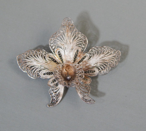 Antique Vintage 800 Silver cannetille Filigree Orchid Dimensional Brooch Pin